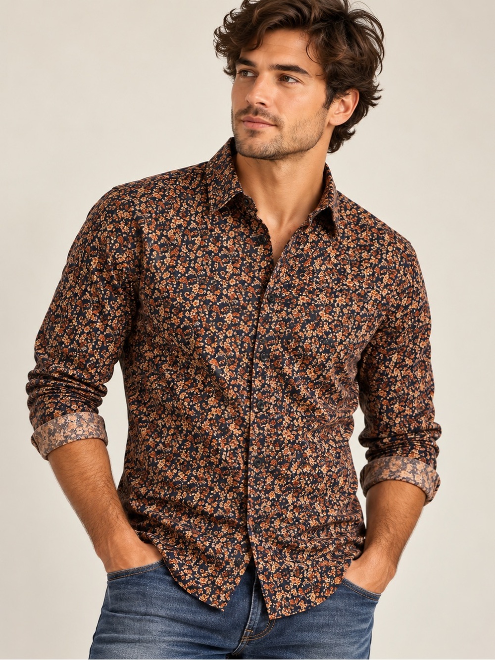 Express Men's Floral Button-Down Shirt in Navy and Brown Large